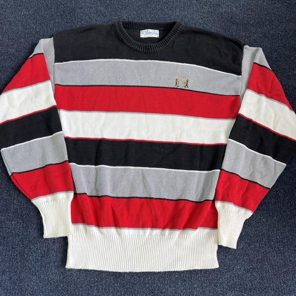 Vintage Pickering Sweater Mens Large Red Stripe‎ Crewneck Cotton Knit USA 80s